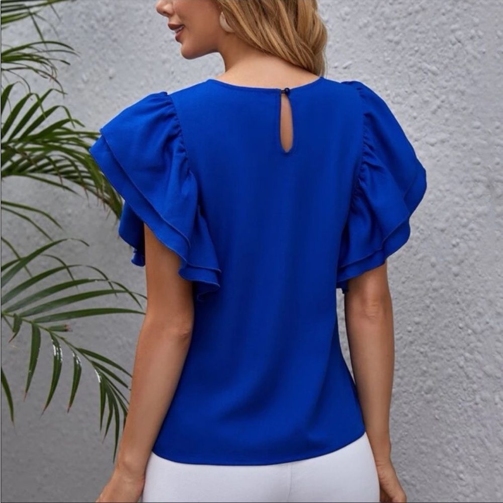 Royal Blue Butterfly Ruffle Sleeve Top - Picture 4 of 9